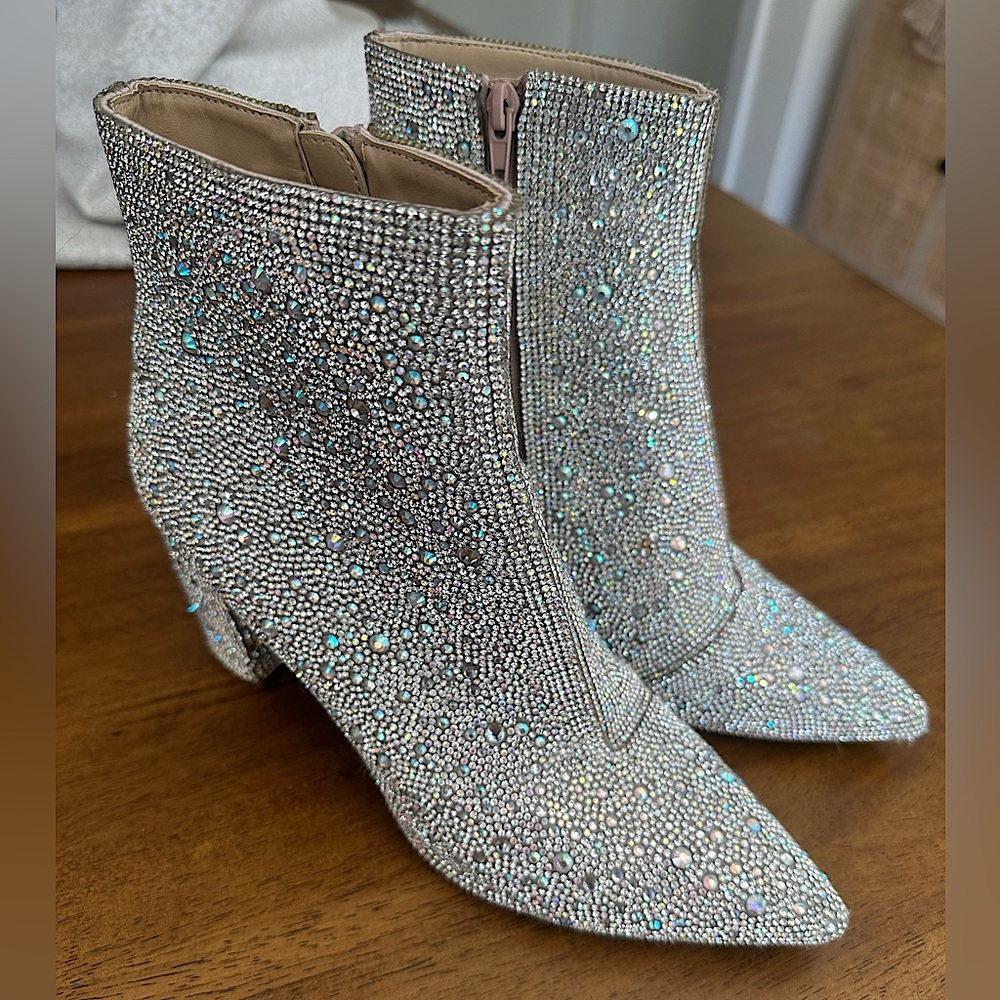 Betsy Johnson ankle boots with manmade rhinestone embellishing & 3.5 inch heel